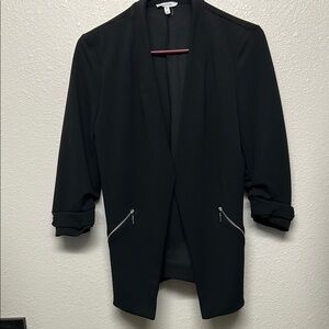 Maurices Black Blazer with Ruched Sleeves and Open Front